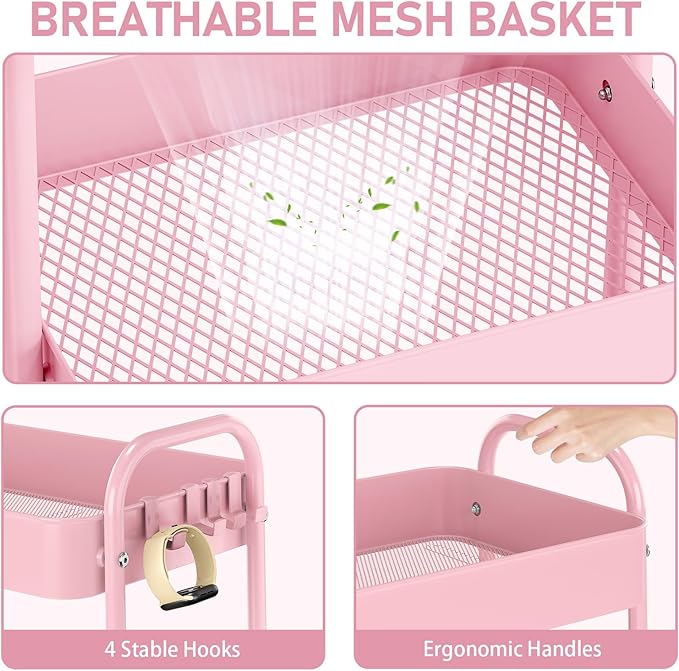 TOOLF Metal Utility Cart，3 Tier Rolling Cart wth 4 Hooks Storage Cart on Wheels Craft Cart with Handle for Organizer Storage for Classroom Office Dorm Home Pink
