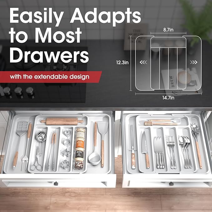 Aujen Silverware Organizer - Expandable Kitchen Drawer Organizer, Adjustable Utensil Organizer, Cutlery Tray for Forks, Knives, Multipurpose Kitchen Organizers and Storage Solution, White, Medium-NeatNest