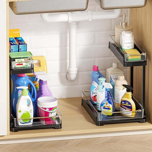 heart & home 2-Pack Under Sink Storage Organizer for Kitchen & Bathroom Cabinets with Removable Washable Tray, Tool-Free Assembly – Multi-Purpose for Vanity, Laundry & Countertop, Black-NeatNest