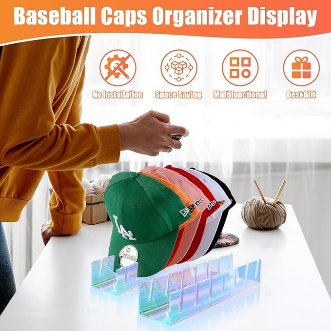 Hat Stand for Baseball Caps, 2 Pack No Install Acrylic Hat Organizer for 14 Baseball Caps Storage Organizer, Hat Racks Hat Holder Display and Organization for Closet, Bedroom, Dresser (Colorful-2Pack)-NeatNest