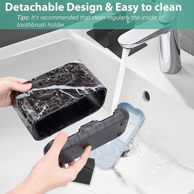 Boperzi Black Toothbrush Holder for Bathroom Toothpaste Organizer Countertop, Detachable Anti-Slip Marble Toothpaste Storage Caddy 6 Slots with Drainage Holes for Makeup Brush Razor Stand-NeatNest