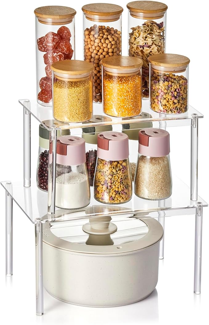 Clear Acrylic Cabinet Organizer Shelf, Set of 2 Spice Rack Organizer for Kitchen, Countertop Desk Organizers Display Riser Shelves, Stackable Kitchen Cabinet Shelf, Pantry Storage-NeatNest