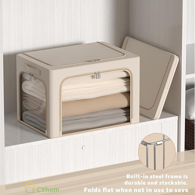 3Pack Clothes Storage Bins - Oxford Frame Storage Box Foldable Stackable Storage Organizer with 3 Openings Design, Metal Frame, Clear Window, Carry Handles (36L-15.7 * 11.8 * 11.8in, Beige)-NeatNest