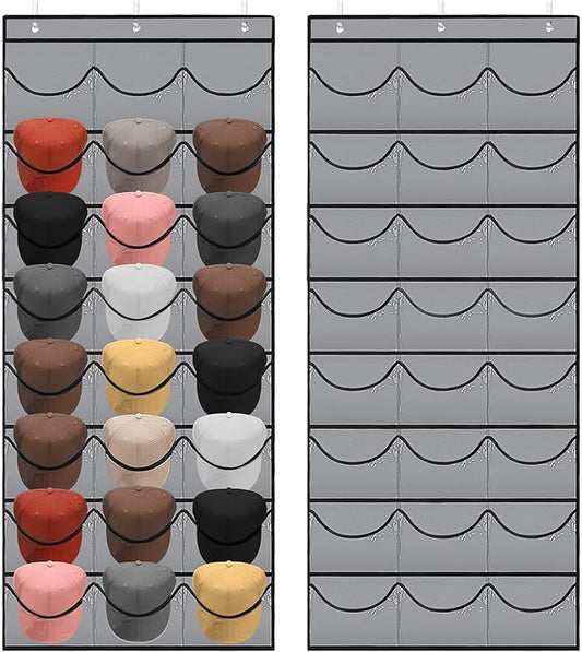 Hat Rack for Baseball Caps, 24 Pocket Over The Door Hat Organizer Storage, Hat Holder for Door with 3 Hooks, Grey - 1 Pack-NeatNest