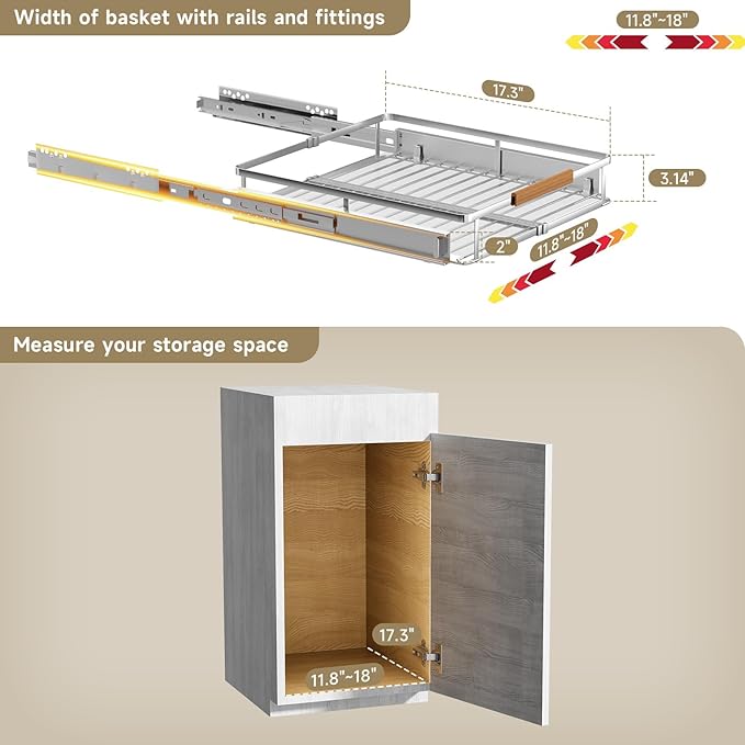1 Pack Expandable Pull Out Cabinet Organizer，Side Mounting 11.8~18"x17.3"Cabinet Pull Out Shelves, Expandable Slide Out Spice Rack for Kitchen Bathroom Office-NeatNest