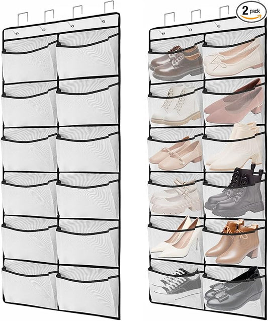 2 Packs Over the Door Shoe Organizer, 24 Extra Large Mesh Pockets Hanging Shoe Boots Rack Holder, Closet Hanging Organizers for Storage Sneakers High Heeled Shoes Slippers (White)-NeatNest