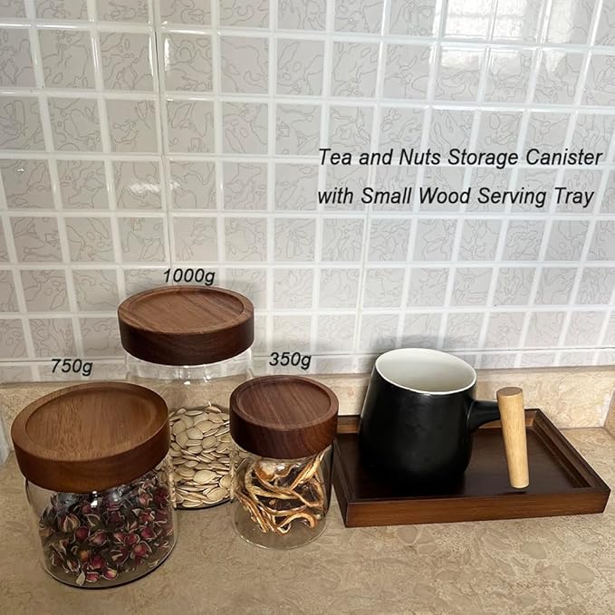 Clear Glass Storage Canister with Airtight Wooden Screw Lid 25oz/750g 2 PACK with Tray,Decorative Container Jar for Coffee,Spice,Candy,Salt,Cookie,Condiment,Pepper,Sugar,Overnight Oatmeal-NeatNest