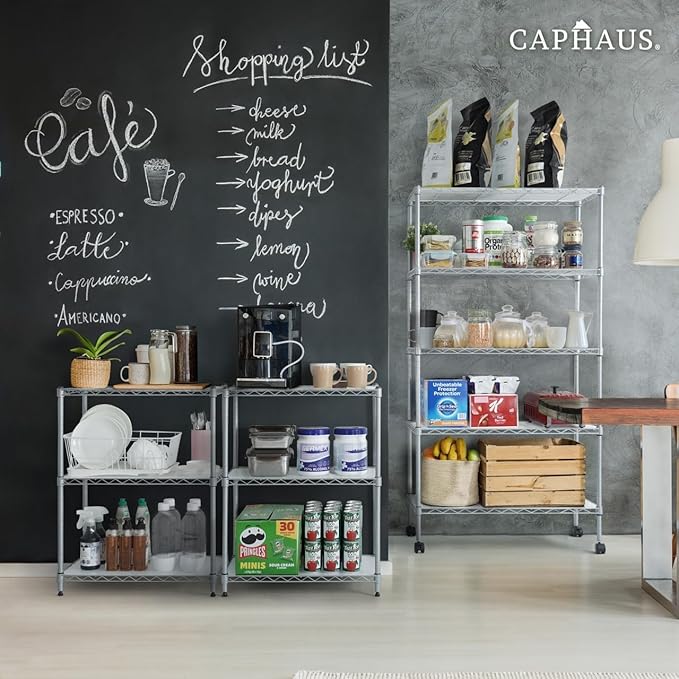 CAPHAUS NSF Black 5-Tier Adjustable Shelves Metal Wire Shelving Unit with Liners, Kitchen Storage Shelving, Metal Steel Storage Shelving, Garage Shelving Storage Organizer, Utility Shelf, No Wheels-NeatNest