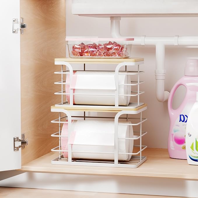 2 Pack Stackable Storage Kitchen Laundry Pantry Organizers,Trash Bag Holder Wall Mount,Garbage Bag Dispenser with Bamboo Top,White Large and Small-NeatNest