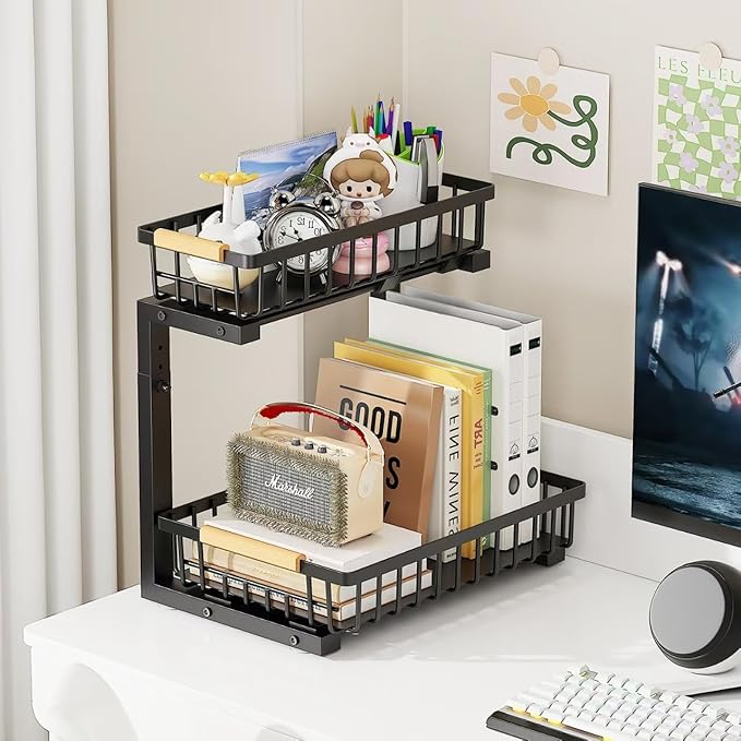 2-Tier Slide Out Under Sink Organizer – 2-Tier Pull-Out Storage Rack, Bathroom organizers and storage for Kitchen and Bathroom, Space-Saving Cabinet Organizer, Rustproof,（Black)(1 Pack)-NeatNest