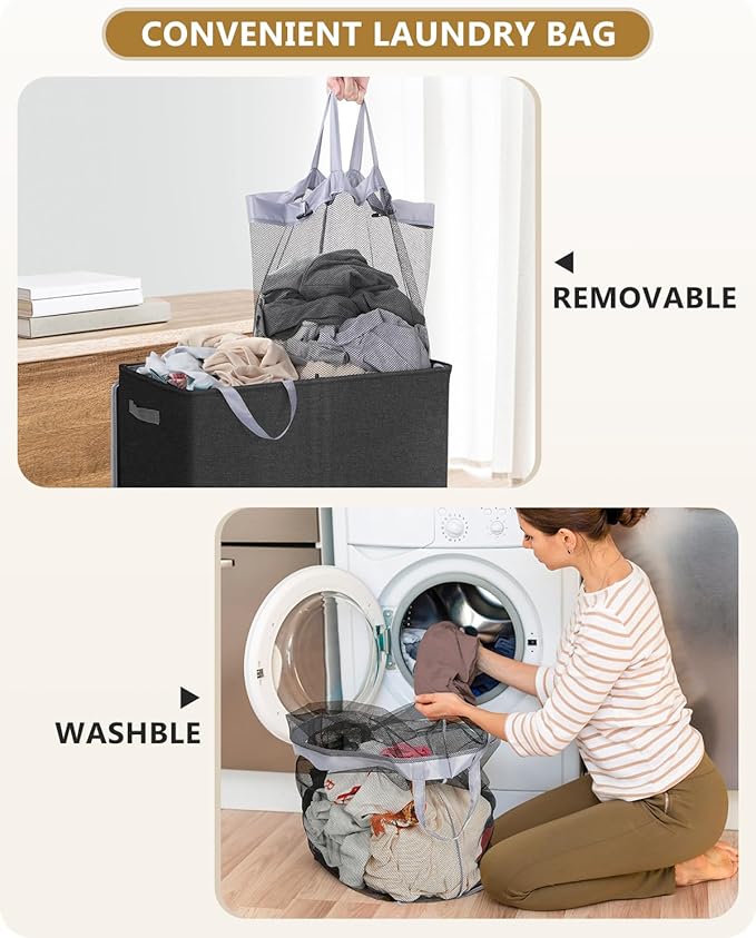 SOLEDI Double Laundry Hamper with Lid, 130L Clothes Hamper 2 Section, Laundry Basket with Removable bag, Bed room decor aesthetic, laundry room organization, Home and dorm room essentials-NeatNest