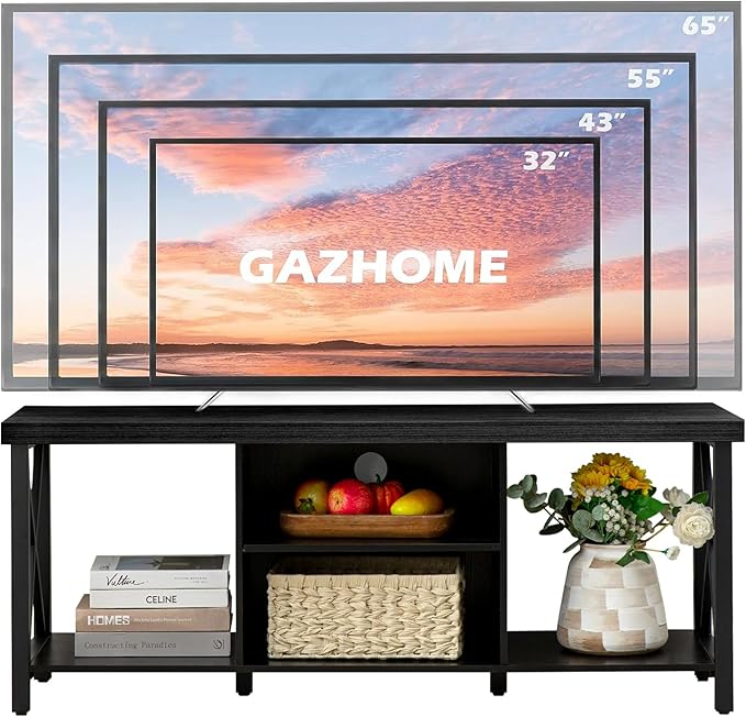 GAZHOME TV Stand for TV up to 55 Inches, TV Cabinet with Open Storage, TV Console Unit with Shelving for Living Room, Entertainment Room, Black-NeatNest