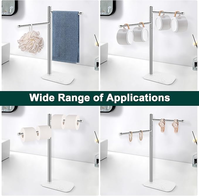 Hand Towel Holder, F-Shape Hand Towel Stand with Marble Base, Stainless Steel Swivel Hand Towel Rack Bar Standing for Bathroom Kitchen Countertop, 2 Arms (Chrome Finish)