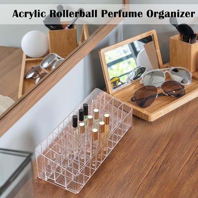 ELLDOO Rollerball Perfume Organizer, 44 Spaces Clear Acrylic Perfume Storage Holder Beauty Scent Holder, Essential Oil Storage Holder Organizer, Makeup Lipgloss Lipstick Display Case-NeatNest