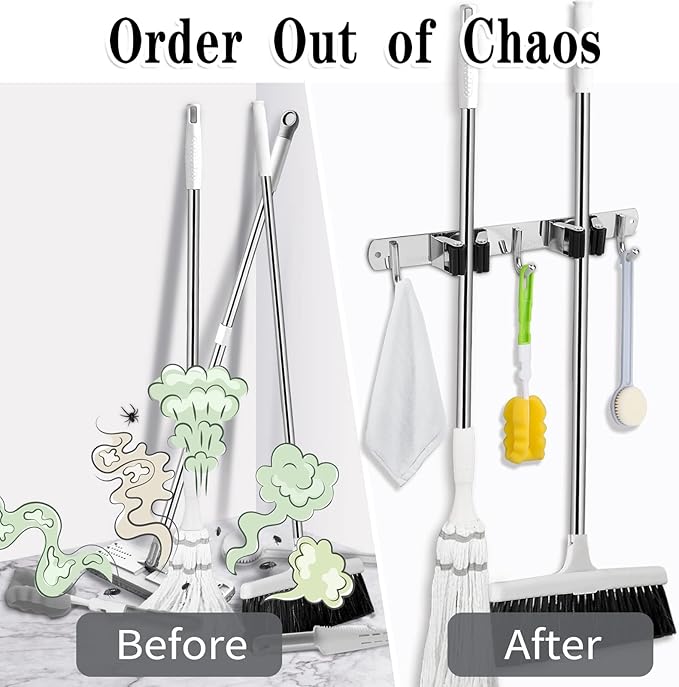 2 Racks and 3 Hooks Broom and Mop Holder Wall Mounted Garage Organizer Storage Tool Racks Stainless Steel Heavy Duty Hooks Self Adhesive Solid Non-slip Wall Hangers for Home Kitchen Garden Laundry-NeatNest