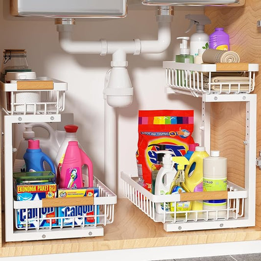 Under Sink Organizer 2 pack, 2 Tier Slide Out Under Sink Organizers And Storage, Height Adjustable Pull Out Cabinet Drawers, Kithcen Bathroom Metal Storage Caddy Shelf, White-NeatNest