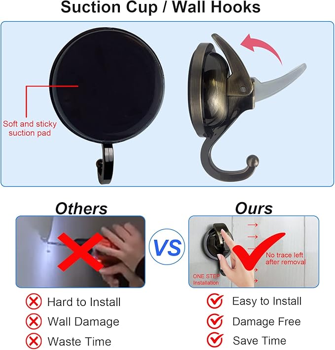 Heavy Duty Suction Cup Hooks for Shower, Bathroom Robe - Vacuum Glass Hooks, Reusable, No Hole Punched, for Garland Decoration (Bronze, 2 Pack)