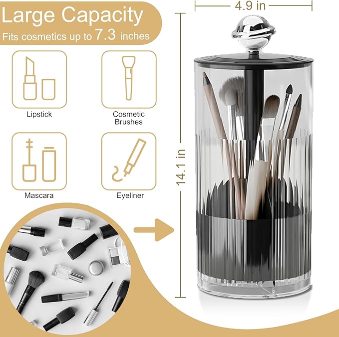 Makeup Brush Holder [Upgrade] with One Touch Open,Makeup Organizer Countertop with Dustproof Lid,Clear Makeup Organizers for Vanity, Desktop, Bathroom (Black)-NeatNest