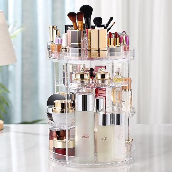AMEITECH Makeup Organizer, 360 Degree Rotating Adjustable Cosmetic Storage Display Case with 8 Layers Large Capacity, Fits cosmetics, Makeup Brushes, Lipsticks and More, Clear