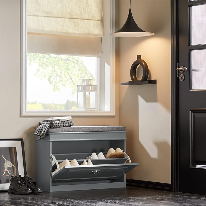 Haotian Shoe Storage Bench with Cushion, Grey Narrow Shoe Rack for Entryway, Small Shoe Cabinet with 2 Tiers Flip-Drawer, Closet Hallway Mudroom FSR82-L-HG-NeatNest
