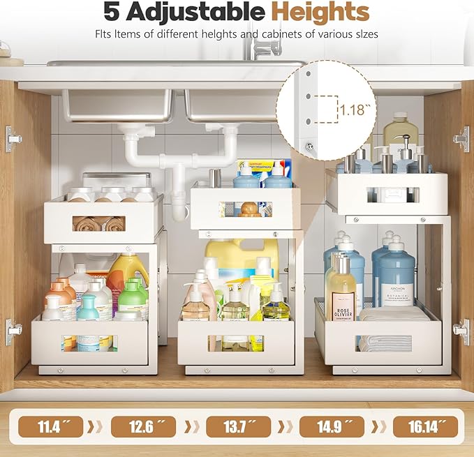 2-Pack Under Sink Organizers And Storage,Large Capacity 2-Tier Pull-Out Cabinet Organizer With Upgraded Tube Rails,Adjustable Height Sliding Drawers,Sturdy Mesh Shelves For Kitchen&Bathroom-White-NeatNest