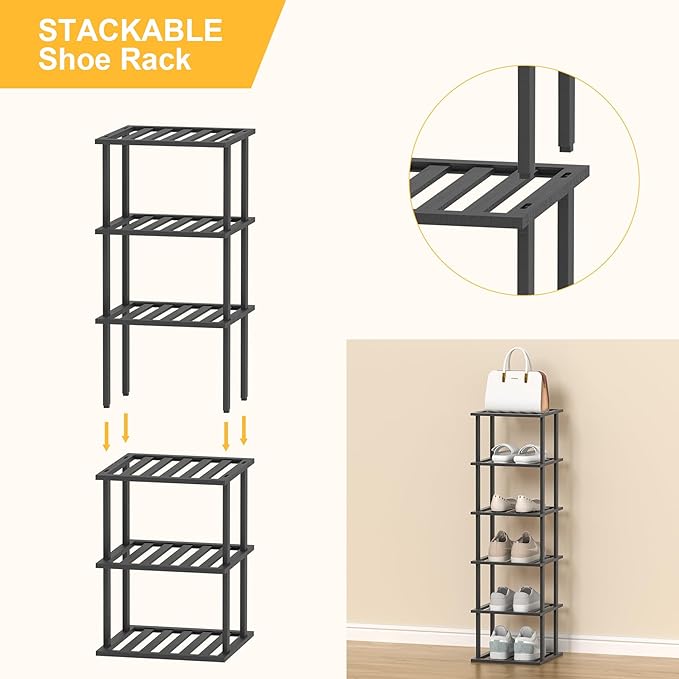 6-Tier Free Standing Shoe Racks, Bamboo Wood Shoe Rack for Entryway & Closet, Beautiful | Natural | Functional | Sturdy Shoe Rack Small Shoe Shelf for Small Spaces and Narrow Spaces Black-NeatNest