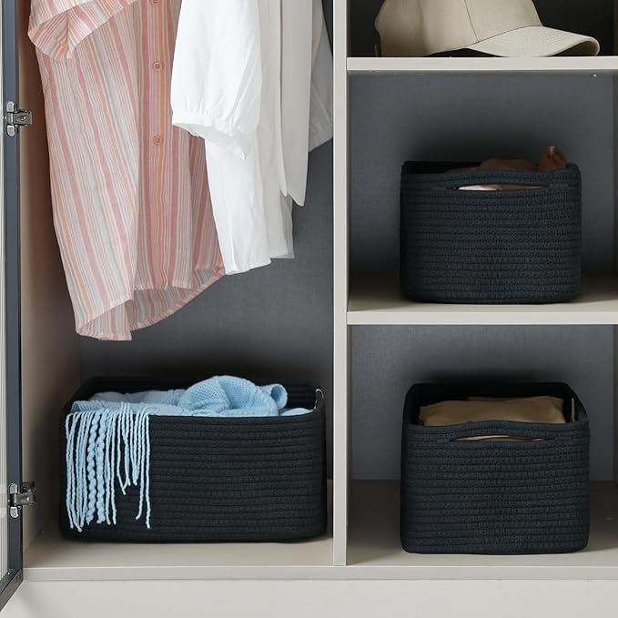 3-Pack Storage Baskets for Organizing | Woven Shelf Toy Basket | Rope Baskets for Gifts Empty | Closet Organizer Bins with Handles | Cube Decorative Box | 13.7×7.1×6.7” | Mixed Black-NeatNest