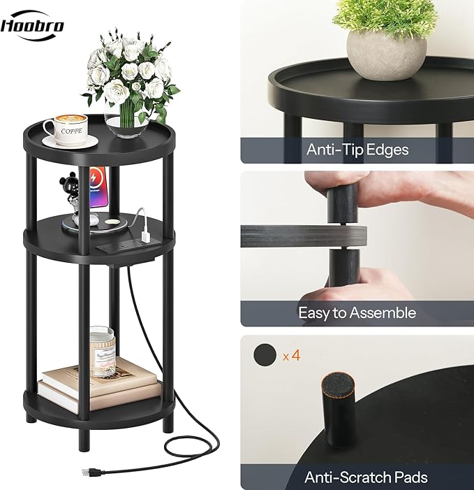 HOOBRO Set of 2 Small Round Side Tables with Charging Station, 3-Tier Round Bamboo End Tables, Easy Assembly, for Living Room, Bedroom, Apartment, Black BB152UBZP201