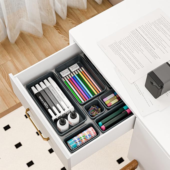 BYCY 38PCS Interlocking Desk Drawer Organizer Tray Divider Set, Plastic Black Desk Organizer Separator, Office Drawer Dividers Storage Bins for Office Bathroom Kitchen (38pcs 5Size)-NeatNest