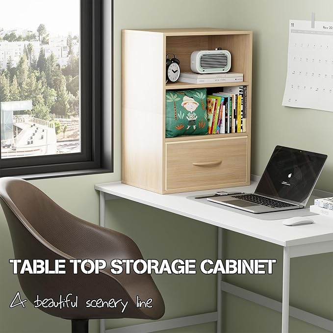 Garden 4 you Cube Storage Organizer Shelf, 3 Tiers Stackable Bookshelf with Drawer, Wooden Display Bookcase with 3 Cube Storage, Small Storage Cabinet for Living Room Bedroom, Natural-NeatNest
