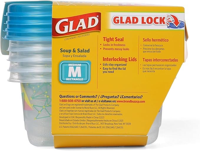 Glad GladWare Design Series Food Storage Containers - Medium Rectangle - Meal Container Holds up to 24 Ounces of Food - Lock Tight Seal, 4 Count