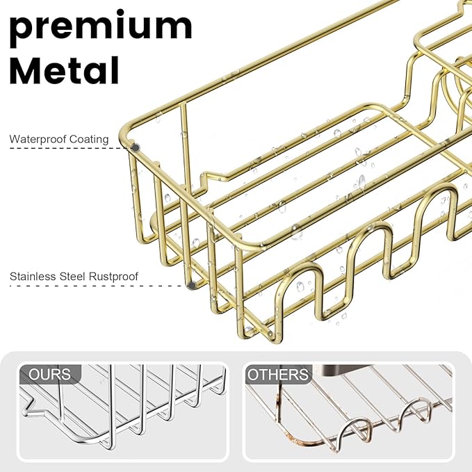 Adhesive Shower Caddy: 2 Bonus Hooks, 4-Pack Wall Mounted Bathroom Storage Shelf, Rustproof Metal Basket Organizer for Kitchen & Bathroom No Drill Gold