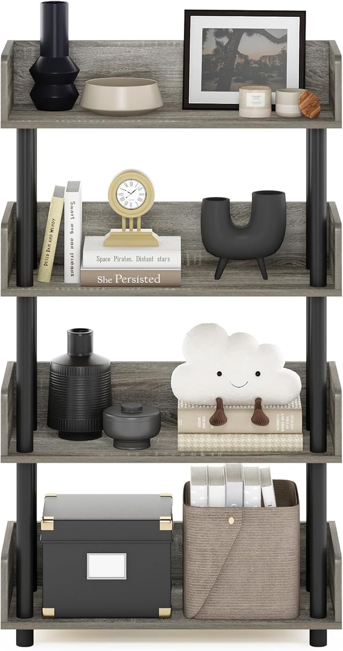 Furinno Turn-N-Tube 4-Tier Multipurposes Display Rack, Open Shelf Rack/Storage with Back & Side Panel, French Oak/Black-NeatNest