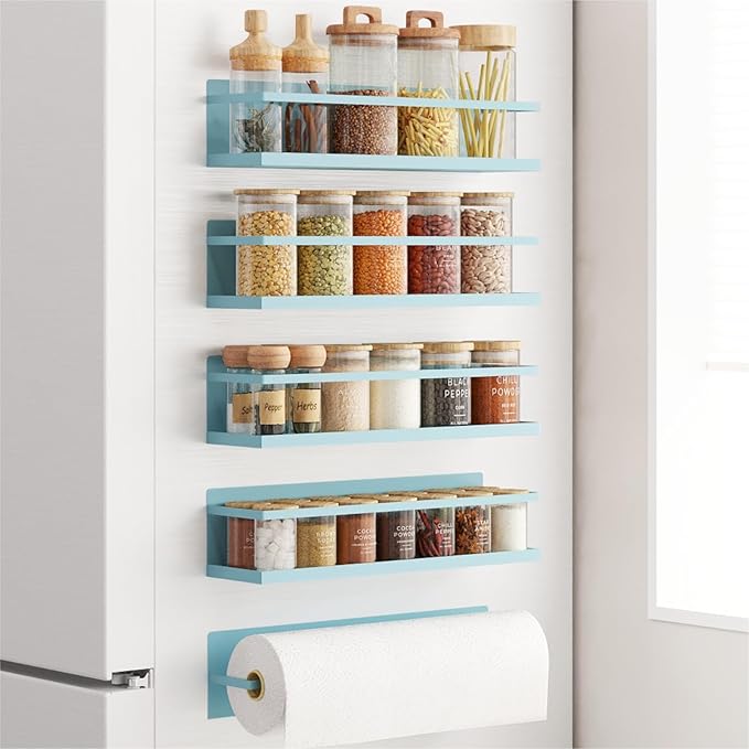 Magnetic Spice Rack For Refrigerator - Fridge Shelf Organizer, Blue 4 Pack With Magnetic Paper Towel Holder