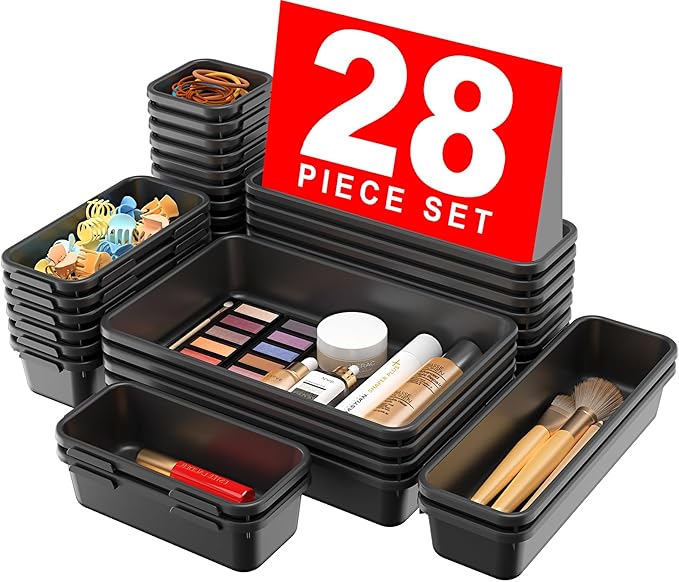 A-LuGei 【28PCS】 Drawer Organizer, Bathroom Organizers and Storage, Makeup organizer, Desk drawer organizer, Storage Bins for Kitchen Office Bedroom Vanity Jewelry Pantry Garage【Black】【4Size】-NeatNest