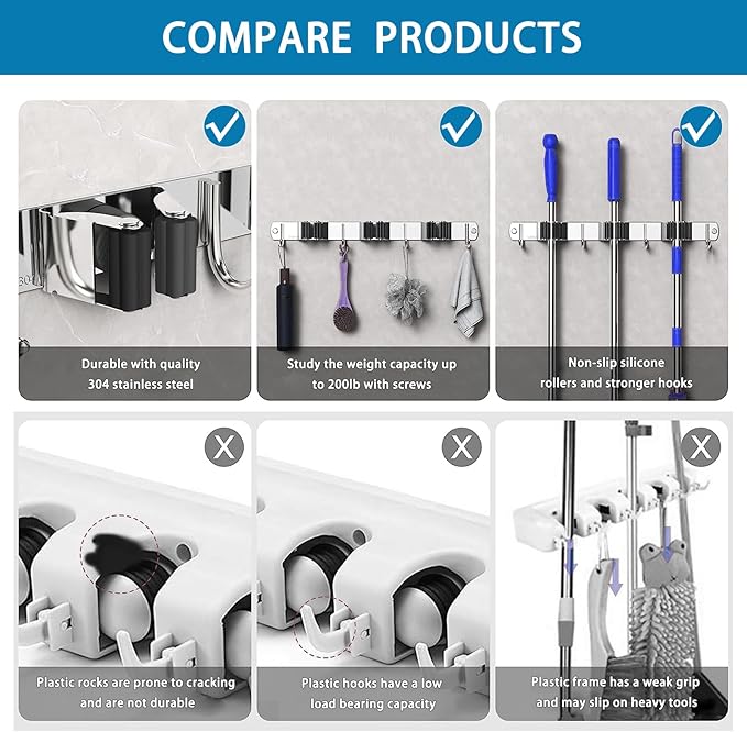 Mop Broom Holder Wall Mount, Stainless Steel Broom Organizer Wall Mounted Self Adhesive, Garage Laundry Room Garden Organization Tool Storage Rack, Heavy Duty Hangers 5 Racks and 4 Hooks-NeatNest