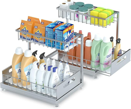 2 Pack Under Sink Organizer Storage 2-Tier Premium Metal Pull-Out Racks, Height Adjustable, Easy Installation | Kitchen & Bathroom Organizers-NeatNest