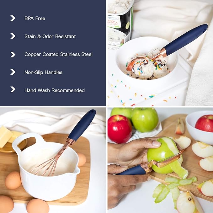 COOK WITH COLOR Kitchen Gadget Set Copper Plated Stainless Steel Utensils with Soft Touch Handles, Copper Navy, 7 Pieces-NeatNest