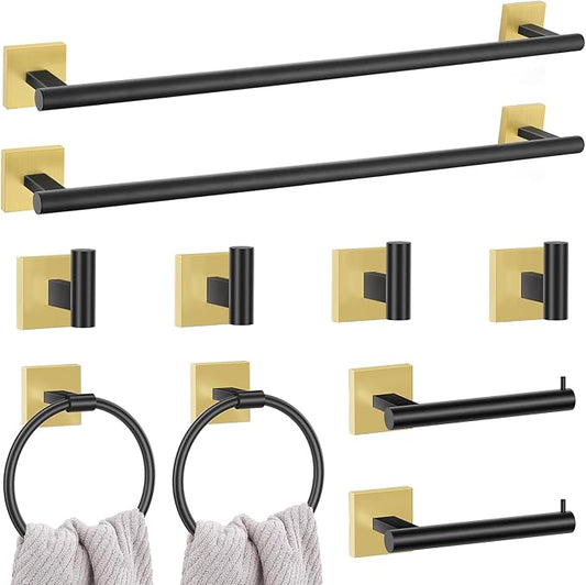 10 Pieces Black Gold Towel Bar Set, 23.6 Inch Bathroom Accessories Set SUS304 Stainless Steel Bathroom Hardware Set Towel Racks for Bathroom Wall Mounted.