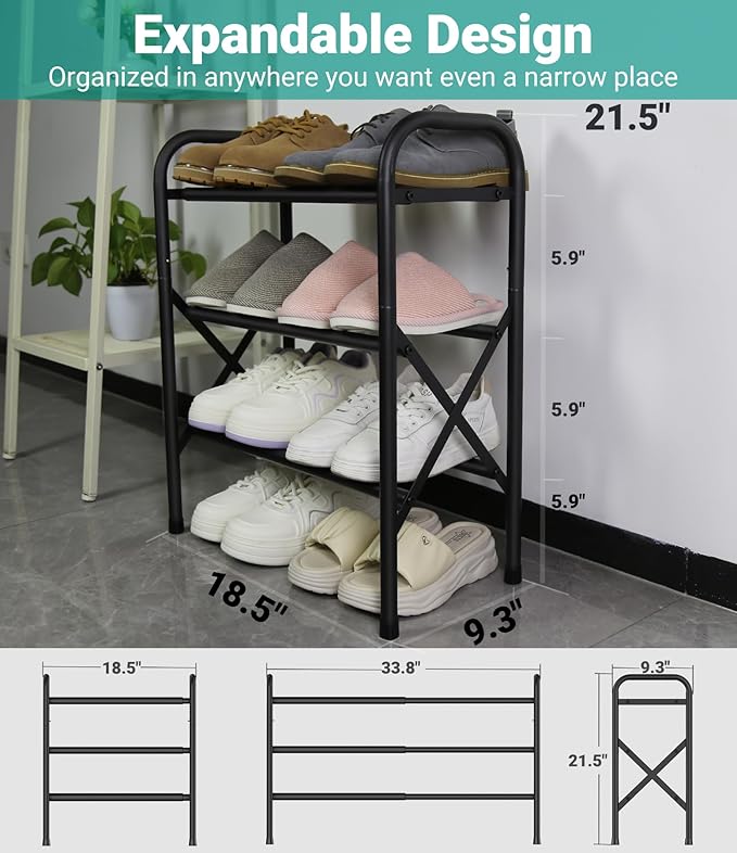 Shoe Rack for Small Closet, Black Shoe Organizer, Metal Adjustable Shoe Stand for Entryway Closet Doonway-NeatNest