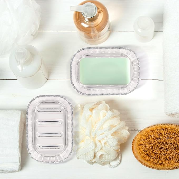AMUONTY 2-Pack Soap Dish Holder for Bar Soap, Bathroom Soap Dishes Soap Holder, Soap Saver Dry Stop Mushy Soap Tray for Shower Bathroom, Kitchen Sink,Clear-NeatNest