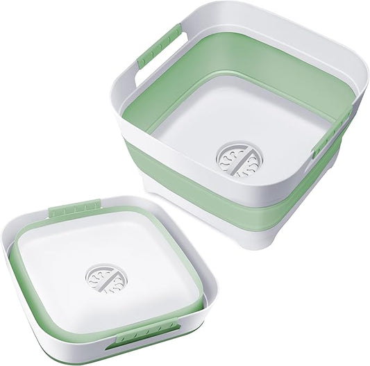 2.4 Gal Collapsible Wash Basin with Drain Plug, Space-Saving Portable Wash Tub, 9L Dish Pan for Soaking Baby Bottles and Pump Parts, Versatile Dish tub for Kitchen, RV, Outdoor Camping Sink (Green)-NeatNest