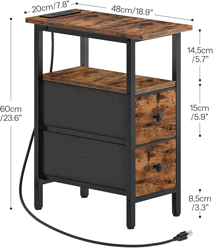 HOOBRO Narrow Side Table Set 2 with LED Light and USB C Port, Night Stand with Charging Station, Skinny End Table with 2 Fabric Drawers, for Bedroom, Living Room, Rustic Brown and Black BF487UDBZP201