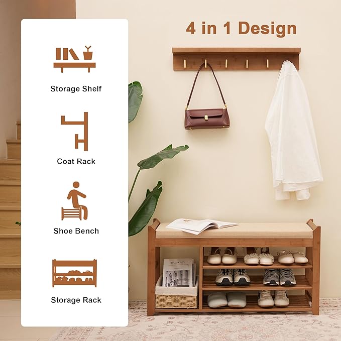 Hall Tree with Bench and Shoe Storage, Coat Rack Shoe Bench Set with Seat Cushion and 6 Hooks for Entryway, Hallway, Living Room and Bedroom-NeatNest