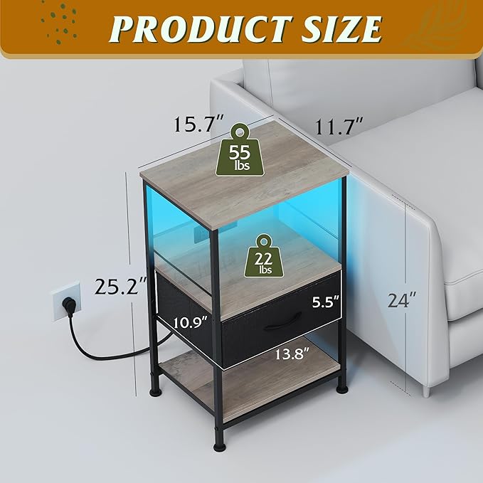 WLIVE LED Nightstand, Night Stand with Charger Station, Bedside Table with Fabric Drawer and Adjustable Open Shelves, Small End Side Tables for Bedroom, Grey