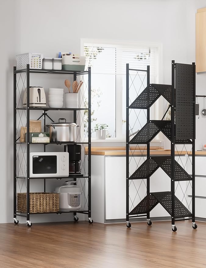 ALANNG 70.7" H Metal Storage Shelves, 5 Tier Folding Shelf on Wheels, Heavy Duty, No Assembly, Rolling, Collapsible Rack Unit for Kitchen, Basement, Pantry (Black,3 Pack)