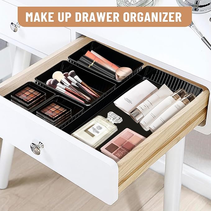 6 PCS Black Drawer Organizer Set 3-Size, Makeup Organizer,Versatile Desk and Vanity Drawer Organizer Trays, Storage Bins for Bedroom, Kitchen，Bathroom-NeatNest