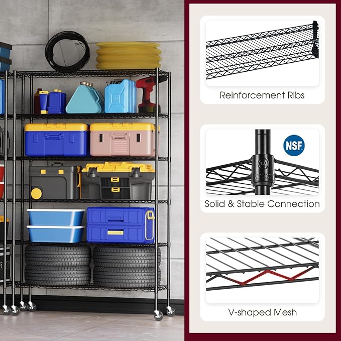 BestOffice 18x48x77 Storage Shelves Commercial Heavy Duty Metal Shelves Garage Organizer Wire Rack Shelving Storage Unit Shelf Adjustable Utility 6000 LBS Capacity,Black-NeatNest