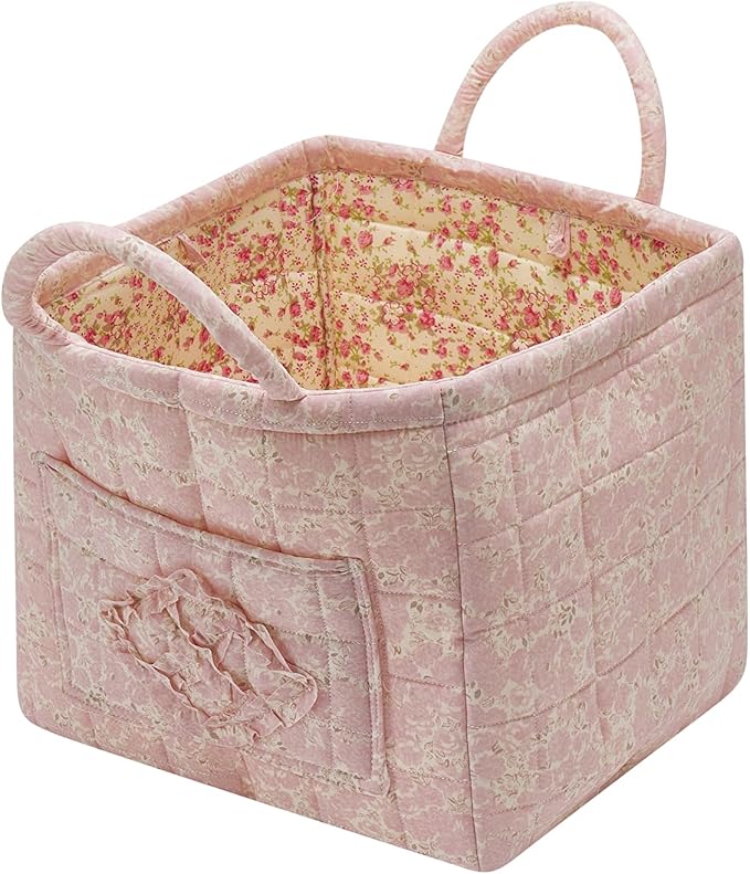 Boho Fabric Storage Basket Quilted Floral Print Baskets Organizer Bin with Handles for Home, Picnic, Shopping (Pink, L)-NeatNest
