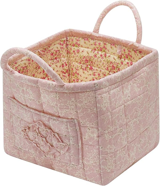 Boho Fabric Storage Basket Quilted Floral Print Baskets Organizer Bin with Handles for Home, Picnic, Shopping (Pink, L)-NeatNest